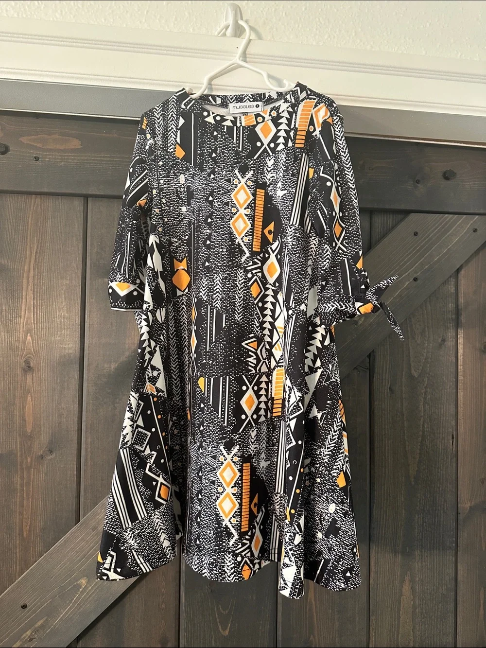 Girls' Black & Orange Geo Print Tie-Sleeve Formal Dress